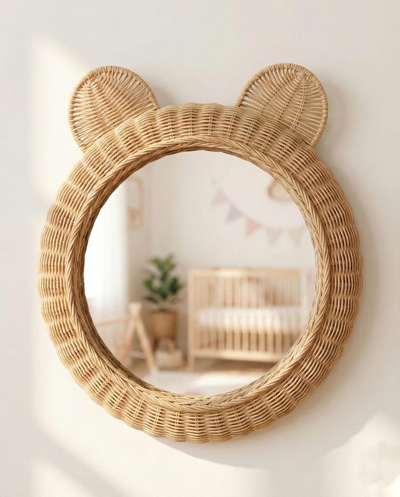 May include: A round, woven rattan mirror with two rounded ears at the top, resembling a bear. The mirror is a light tan color and is mounted on a white wall. The reflection shows a nursery with a crib and a plant.