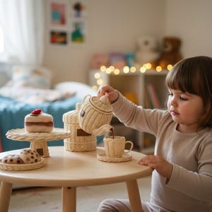 May include: A child plays with a wicker tea set on a small wooden table. The set includes a teapot, teacup, saucer, cake stand with a cake, and a plate of cookies. The scene is set in a bright, cozy room.