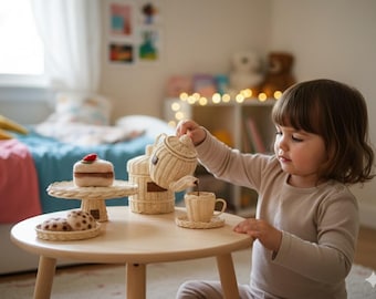 Wooden Wicker Tea Set Toy: Kids Pretend Play