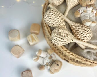 Handmade Natural Rattan Baby Rattle with Mini Teddy bear – Sensory Newborn Toy