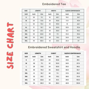 May include: A size chart for embroidered tees, sweatshirts, and hoodies. The chart includes measurements in inches and centimeters for length, width, chest, and sleeve center back, ranging from size S to 5XL.