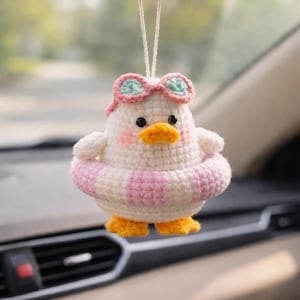 Handmade Duck Float Crochet Car Hanging, Cute Swim Ring Rearview Decor, Amigurumi Crochet Keychain