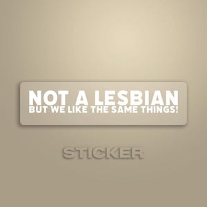 May include: A rectangular sticker with a light tan background and white text that reads NOT A LESBIAN BUT WE LIKE THE SAME THINGS! The word STICKER is also printed in a light tan color below the main rectangular design on the same background.