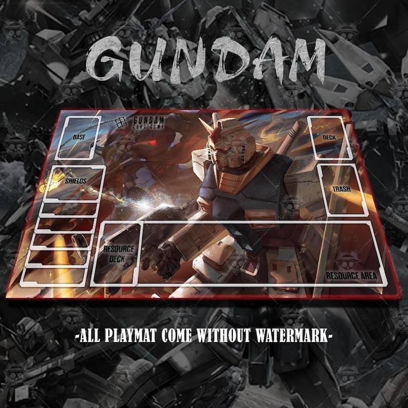 May include: A rectangular Gundam playmat featuring a detailed illustration of a Gundam robot in action. The mat has designated areas labeled "Base", "Shields", "Resource Deck", "Deck", "Trash", and "Resource Area". The text "GUNDAM" and "-ALL PLAYMAT COME WITHOUT WATERMARK-" are also visible.