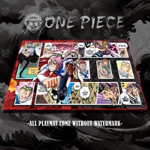 May include: A rectangular playmat featuring a colorful manga-style illustration with characters from "One Piece." The design includes panels with action scenes and character portraits. Text includes "ONE PIECE" and "ALL PLAYMAT COME WITHOUT WATERMARK."