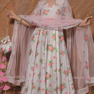Chanderi Silk Anarkali Set Floral Print Soft Net DupattaWomens Dress, Elegant Ethnic Dress, Wedding Outfit Gift For Her