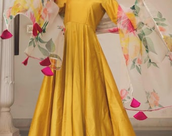 Cotton Silk Yellow Anarkali Dress with Floral Organza Dupatta, Indian Ethnic Outfit, Festive Wear, Wedding Guest Dress Wedding Gift
