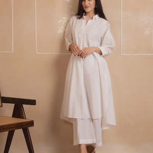 White Cotton Boho Co-ord Set, Collared Kurta & Palazzo Pants, Minimalist Ethnic Set, Summer Cotton Set, Indian Kurta Set, Gift for her