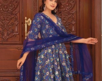 Royal Blue Hand Block Cotton Angrakha Set with Net Dupatta, Indian Ethnic Indian Anarkali Kurta Set, Handmade Festive Gift For Her
