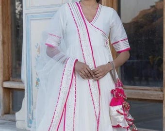 White Cotton Silk Angrakha Set, Traditional Indian Anarkali Kurta with Dupatta, Pants, Festive, Wedding Wear, Gift For Her