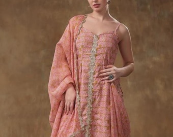 Pink Color Kurta Set with Organza Dupatta, Elegant Indian Ethnic Suit, Festive & Wedding Wear, Kurta Pant Dupatta Set Gift For Her