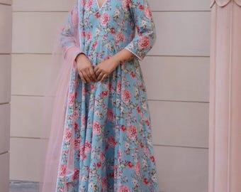 Block Print Floral Anarkali Set, Cotton Kurta Set for Women, Indian Suit with Dupatta, Anarkali Kurta Set, Wedding Guest Dress