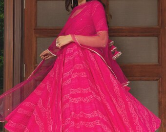 Rani Pink Cotton Block Print Anarkali Suit Set with Soft Net Dupatta | Indian Ethnic Wear | Festive Outfit Wedding Dress | Gift For Her