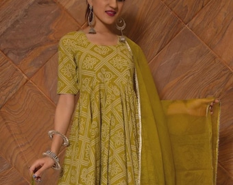 Bandhej Mehendi Green Cotton Anarkali Set, Indian Ethnic Cotton Suit, Traditional Kurta Palazzo, Festive Weae, Gift For Her Wedding Gift