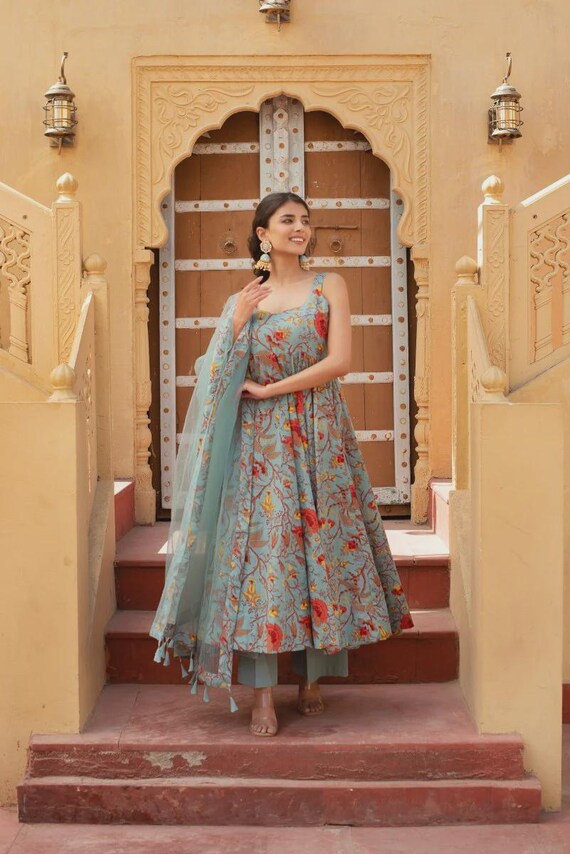 Gray Hand Block Cotton Anarkali Set with Soft Net Dupatta |Indian Ethnic Dress | Floral Kurti Set | Festive Anarkali Suit | Indian Outfit