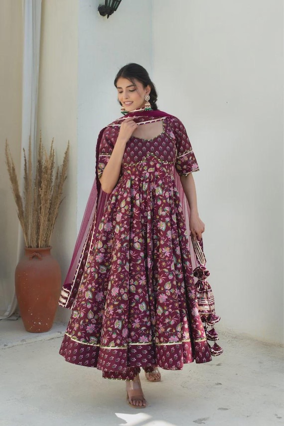 Plum Cotton Gota Patti Anarkali Set with Soft Net Dupatta | Indian Ethnic Dress | Block Print Kurti Set |Boho Anarkali Suit |Festive Outfit