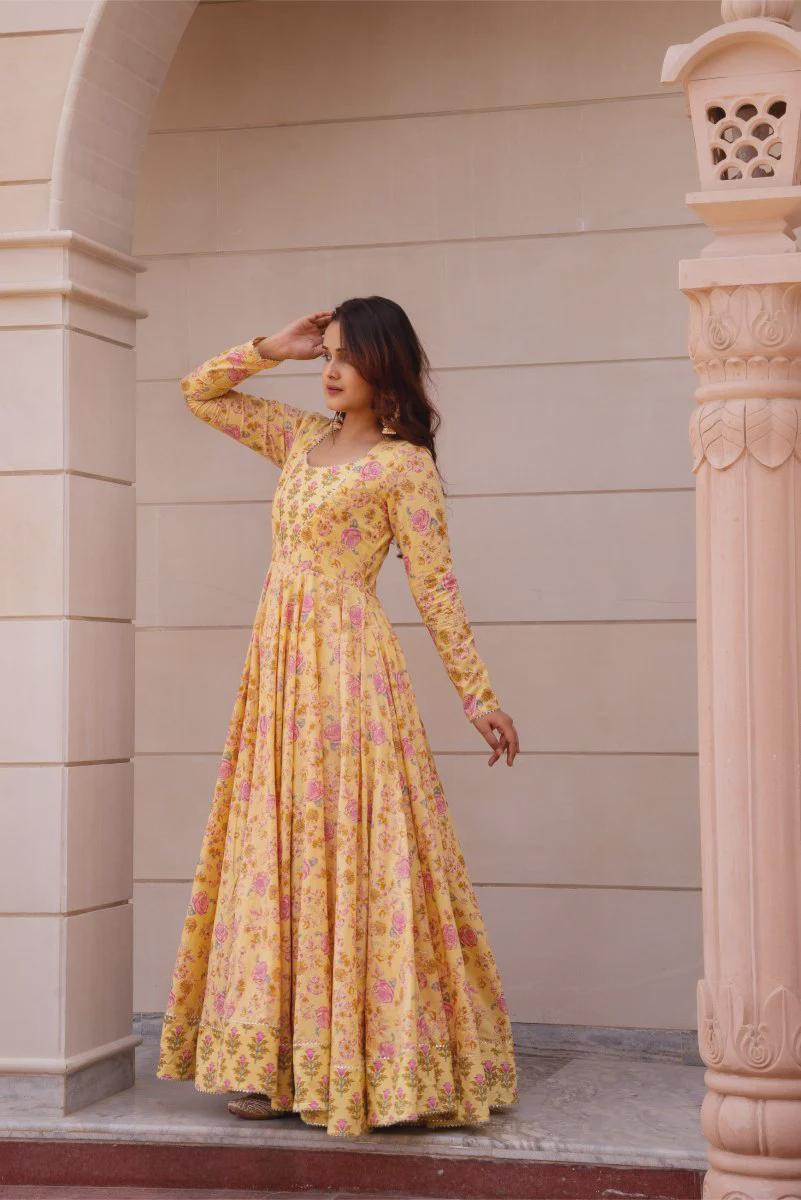 Yellow Cotton Block Print Long Dress | Handcrafted Anarkali Gown | Indian Ethnic Maxi Dress | Boho Floral Dress | Gift for Her | Long Gown