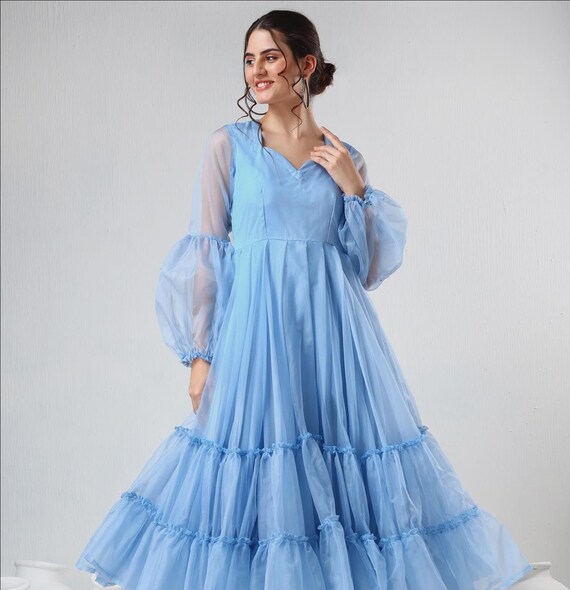Powder Blue Organza Flowy Maxi Dress, Sheer Formal Evening Dress, Birthday Dress, Modest Party Wear Boho Ethereal Dress, Gift for Her
