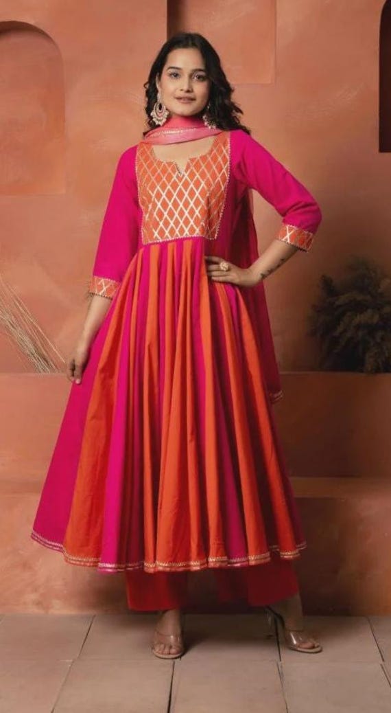 cotton dress with chiffon dupatta Orange Pink Anarkali Women Printed Dupatta, Indian Traditional Etnic Dress Summer Dress, Wedding Gift For Her Printed dress Color:Ivory Red Flower Spring Fashion 2026 Satin A-Line V-Neck Ankle