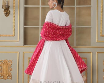 White Anarkali Suit with Pink Leheriya Dupatta | Indian Cotton Anarkali Kurta Palazzo Set | Festive Wear | Traditional Outfit | Gift for Her