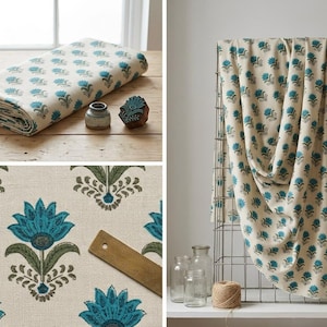 Blue Bundles Fabric Hand Block Printed Floral Fabric Indian 100% Cotton Quilting Fabric Summer Dressmaking Fabric By The Yard