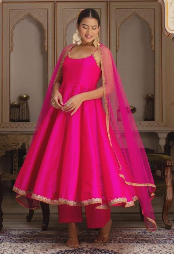 anarkali bridesmaid dresses Hot Pink Dress, Indian Wedding Guest Dress, Indian Gown for Women, Taffeta Silk Ethnic Outfit, Dress With Dupatta Shoe Size:9 Print Work Size Lace Reverie Cavosen V Neck Dresses