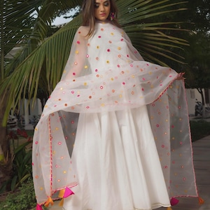 White Pure Cotton Anarkali Dress Set with Mirror Work Organza Dupatta, Indian Festive Outfit Indian Ethnic Embroidered Suit, Gift For Her