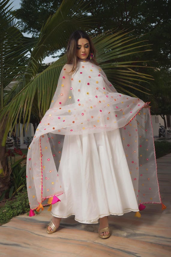 White Pure Cotton Anarkali Dress Set with Mirror Work Organza Dupatta, Indian Festive Outfit Indian Ethnic Embroidered Suit, Gift For Her