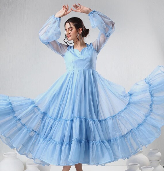 Powder Blue Organza Flowy Maxi Dress, Sheer Formal Evening Dress, Birthday Dress, Modest Party Wear Boho Ethereal Dress, Gift for Her