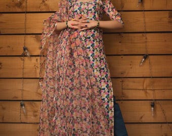 Chanderi Silk Suit Set with Floral Organza Dupatta | Ethnic Kurta Pant Set | Festive Indian Outfit for Women | Handmade Traditional Wear