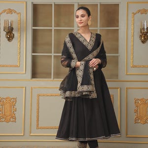 Black Cotton Anarkali Set with Gold Lace Detailing | Ethnic Indian Party Wear Kurta Set | Anarkali Long Suit | Wedding Outfit | Gift For Her