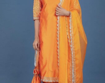 Orange Taffeta Silk Suit Set |Indian Ethnic Kurta Pant with Dupatta | Festive Party Wear | Traditional Silk Salwar Kameez |Boho Gift For Her