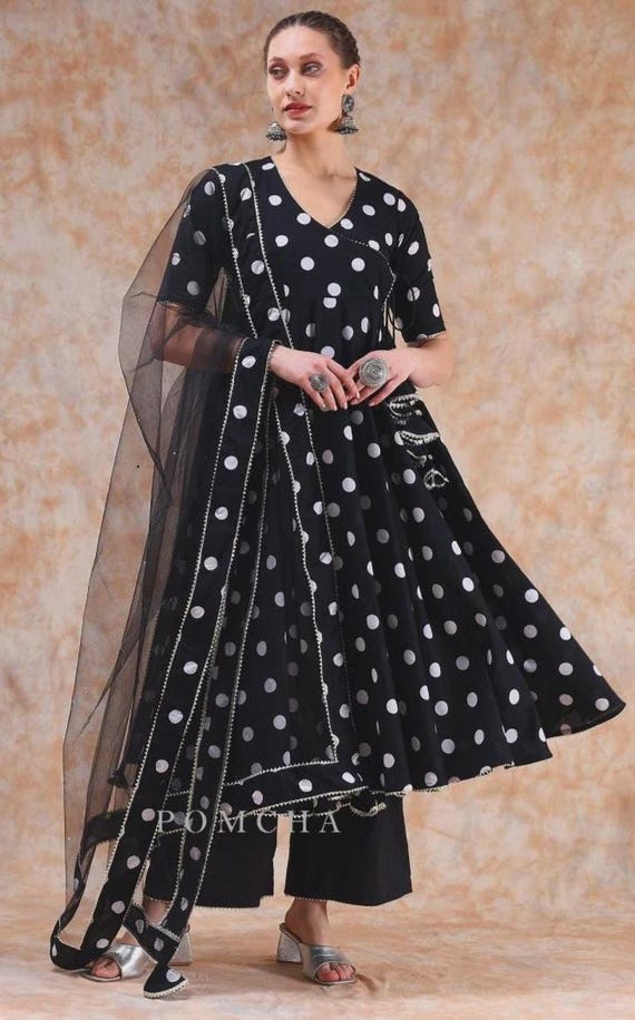 ethnic cotton dress for women Black Polka Dot Angrakha Set Indian Wrap With Dupatta Traditional Kurta Set Boho Summer Dress Handmade Women's Clothing Color:BLACK-7oz flag:enable-back-in-stock White Maxi Dress - Traditional dress Colorful Ethnic Print Maxi