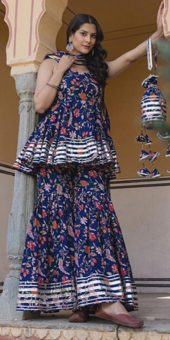 Multi Color Block Printed Floral Cotton Sharara Set, Kurta Indian Sharara Suit Boho Ethnic Outfit Engagement Anniversary Gift for Her