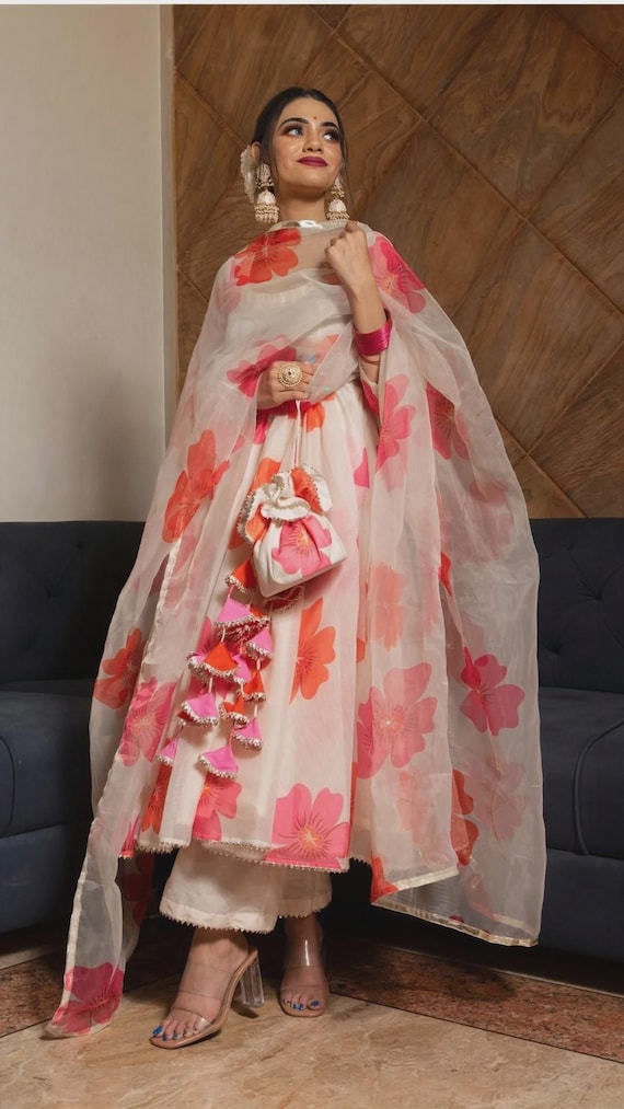 Off White Chanderi Silk Anarkali Suit Set with Floral Organza Dupatta | Indian Ethnic Dress | Wedding Guest Outfit | Handmade Festive Wear