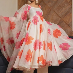 Off White Chanderi Silk Anarkali Suit Set with Floral Organza Dupatta | Indian Ethnic Dress | Wedding Guest Outfit | Handmade Festive Wear image 2
