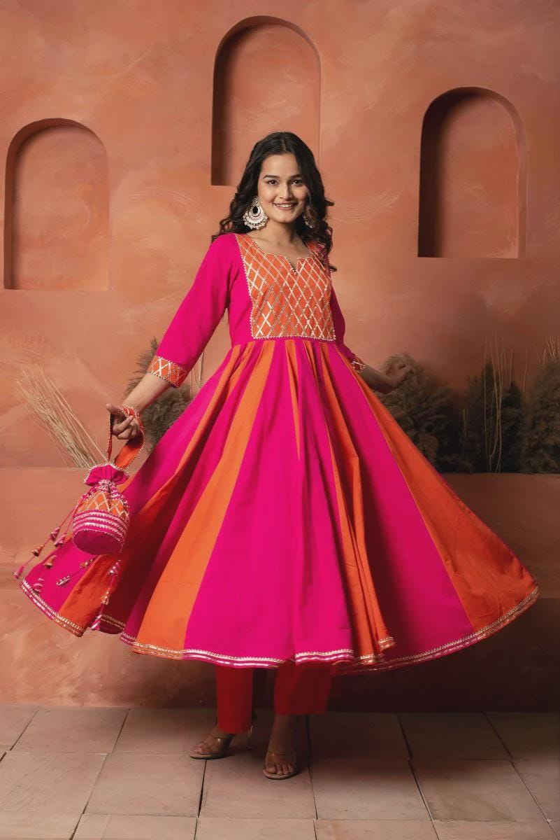 RangMahal Ensemble Pantalon Et Dupatta Anarkali Kurti Coton Brodé Pour Femme - Imprimé Coquelicot Gulabi