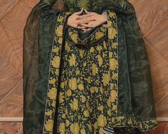 Green Hand Block Printed Anarkali Suit Set | Traditional Indian Ethnic Dress with Dupatta | Wedding Wear | Floral Kurta Set | Gift For Her