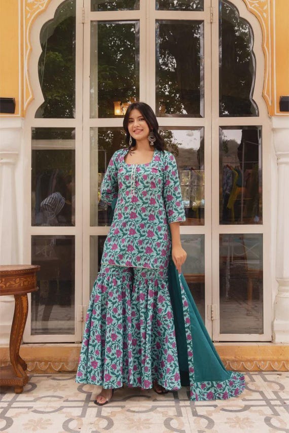 white christmas dresses Pink Cotton Sleeve Less Anarkali Sharara Set with Dupatta main image 0