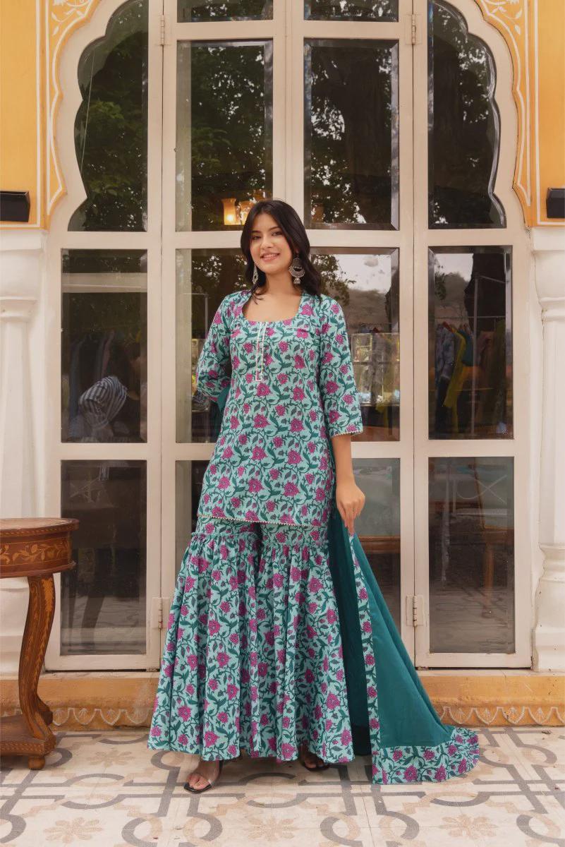 cotton gharara dress Hand Block Print Cotton Sharara Set |Teal, Magenta Floral Kurti with Cotton Dupatta | Indian Ethnic Co-ord Set