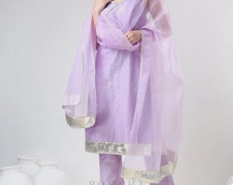Lilac Cotton Silk Suit Set | Elegant Indian Ethnic Wear | Kurta Pant Dupatta Set for Women |Ethnic Partywear Outfit Kurta Set |Gift For Her