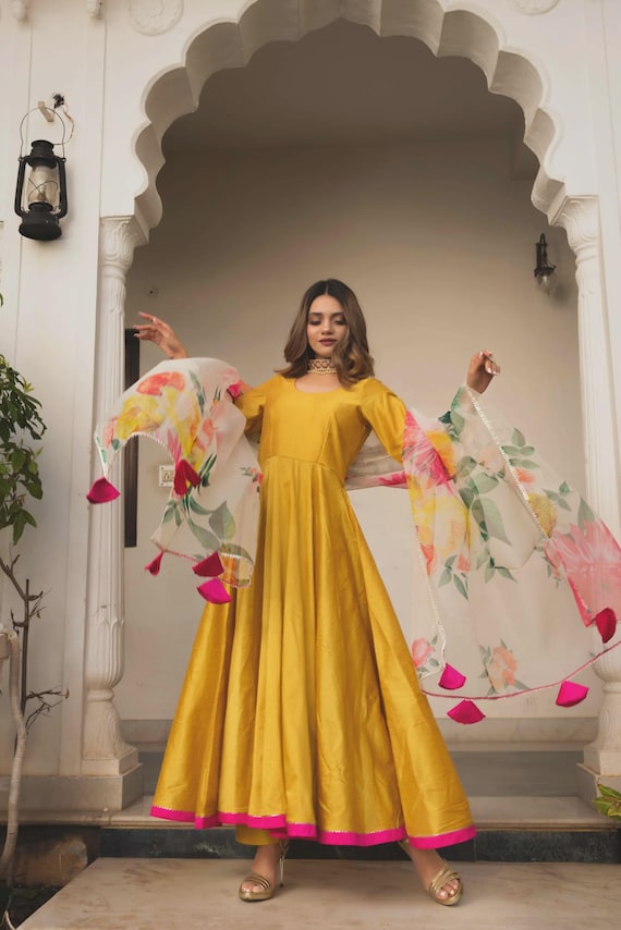 Cotton Silk Yellow Anarkali Dress With Floral Organza Dupatta | Indian  Ethnic Outfit | Festive Wear | Wedding Guest Dress | Wedding Gift - Etsy