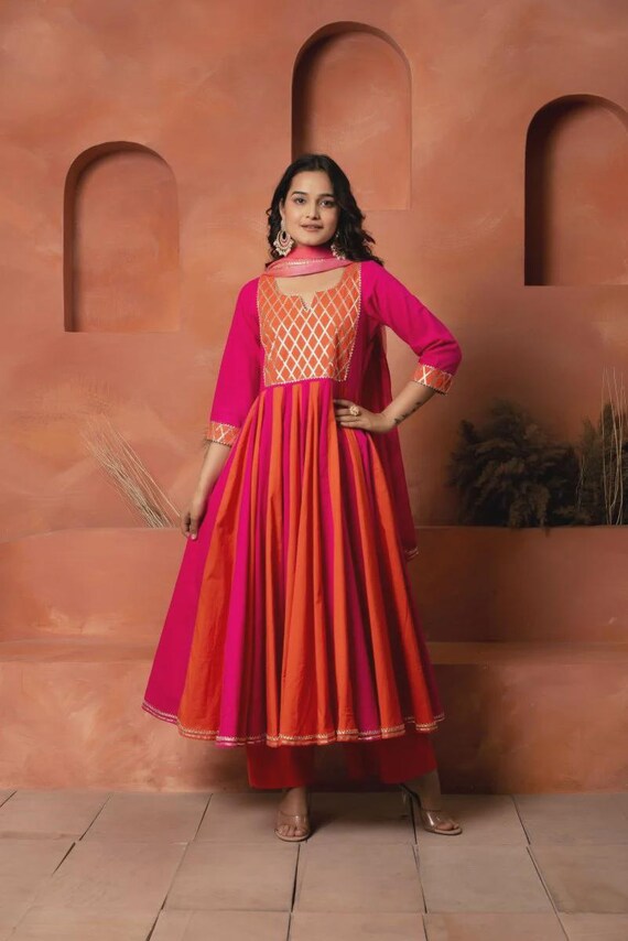 orange and pink indian dress Indian Kaftan Dress - Resort Wear & Luxury Loungewear - Ornamental Floral Paisley Slimming Border - Soft Moisture-Wicking - US 4