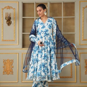 Blue Lily Floral Anarkali Suit Set |Cotton Ethnic Kurta with Dupatta |Indian Summer Outfit |Festive Wear for Women |Floral Dress | Gift idea