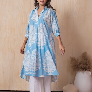 Witte handgeblokte katoenen co-ordset | Blauwe bloemenprint kurta met palazzo | Etnische loungewear | Zomer katoenen set | Idee voor handgemaakte outfits