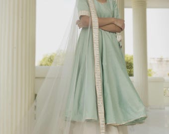 Mint Green Cotton Silk Angrakha Set with Palazzo & Net Dupatta | Indian Ethnic Outfit | Elegant Festive Wedding Wear | Summer Boho Suit Set