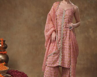 Gota Lace Work Light Brown Kurta Set with Organza Dupatta | Elegant Indian Ethnic Suit | Festive & Wedding Wear | Kurta Pant Dupatta Set