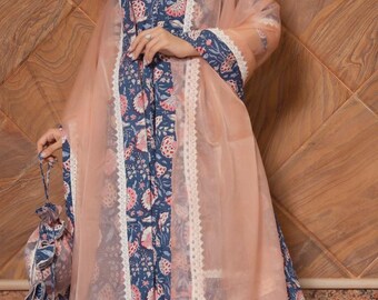 Cotton Anarkali Kurta Set with Dupatta | Ethnic Wear | Block Print Suit | Floral Anarkali Dress | Festive Kurti Set | Handmade Indian outfit