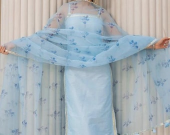 Blue Cotton Silk Suit Set for Women | Elegant Ethnic Wear with Embroidered Organza Dupatta | Party & Festive Outfit | Indian Gift For Her