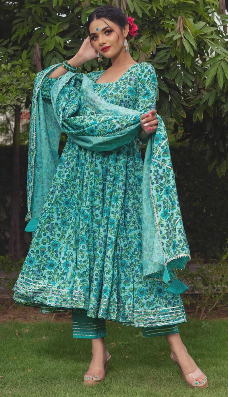 Hand Block Print Cotton Anarkali Kurti Set with Dupatta, Indian Ethnic Long Kurta Set, Floral Printed Kurti Suit, Festive Wear Women image 1
